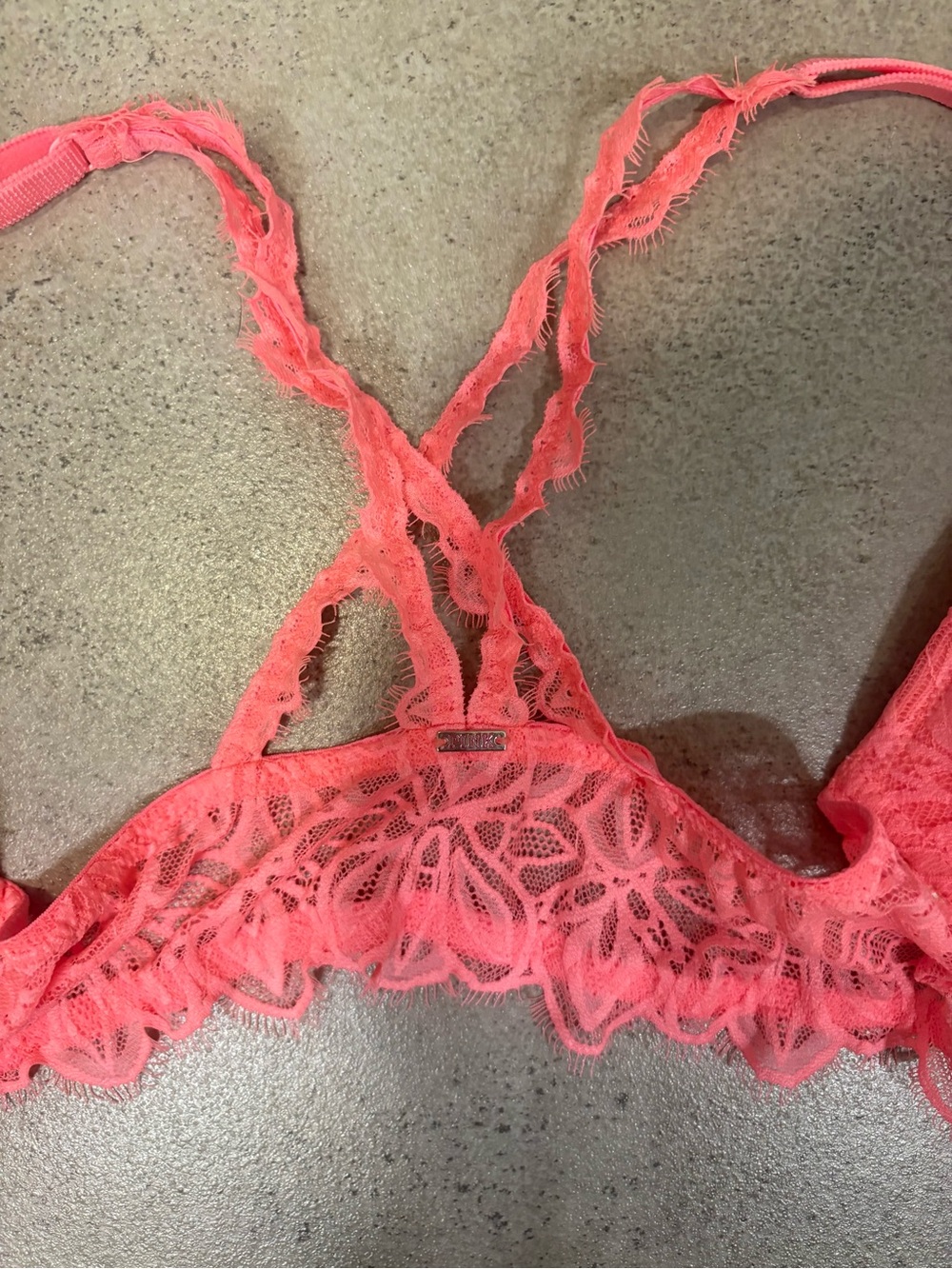 PINK Victoria’s Secret Coral Pink Lace Racerback Front-Close Bra 34D - Picture 7 of 9